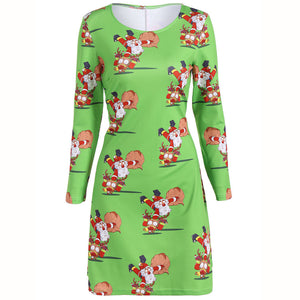 Long Sleeve Green Santa Claus Print Christmas Mini Party Dress