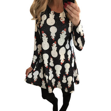 Dress Xmas Snowman Print Swing Christmas Long Sleeve Flared Party Mini Dress