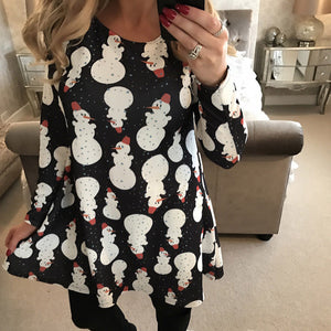 Dress Xmas Snowman Print Swing Christmas Long Sleeve Flared Party Mini Dress