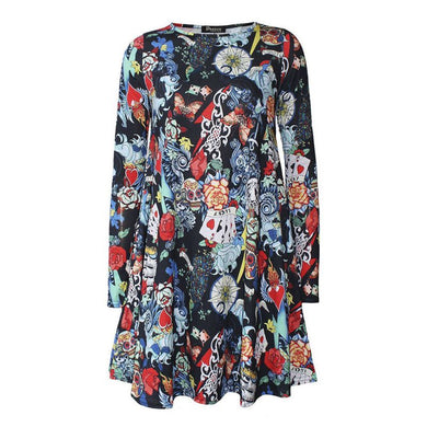 Long Sleeve Women Dress Skull Rose Printed Crew Neck Hem Mini Dress Woman A-Line vestidos