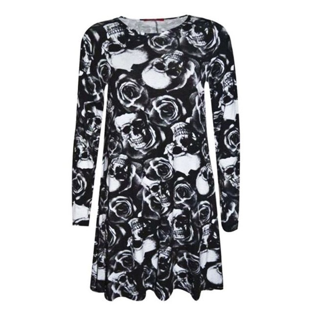 Long Sleeve Women Dress Skull Rose Printed Crew Neck Hem Mini Dress Woman A-Line vestidos