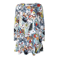 Long Sleeve Women Dress Skull Rose Printed Crew Neck Hem Mini Dress Woman A-Line vestidos