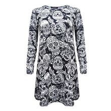 Long Sleeve Women Dress Skull Rose Printed Crew Neck Hem Mini Dress Woman A-Line vestidos